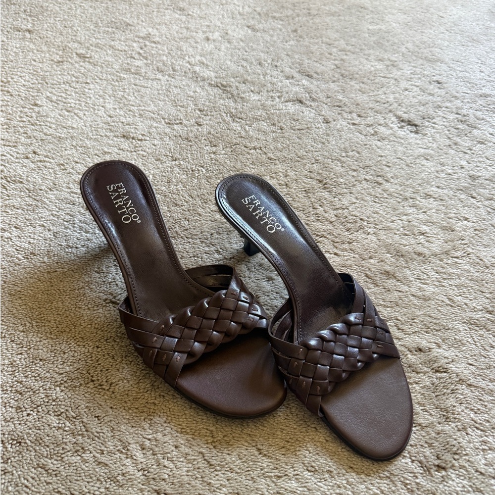 Franco Sarto Dark Brown Leather Woven Kitten Heel